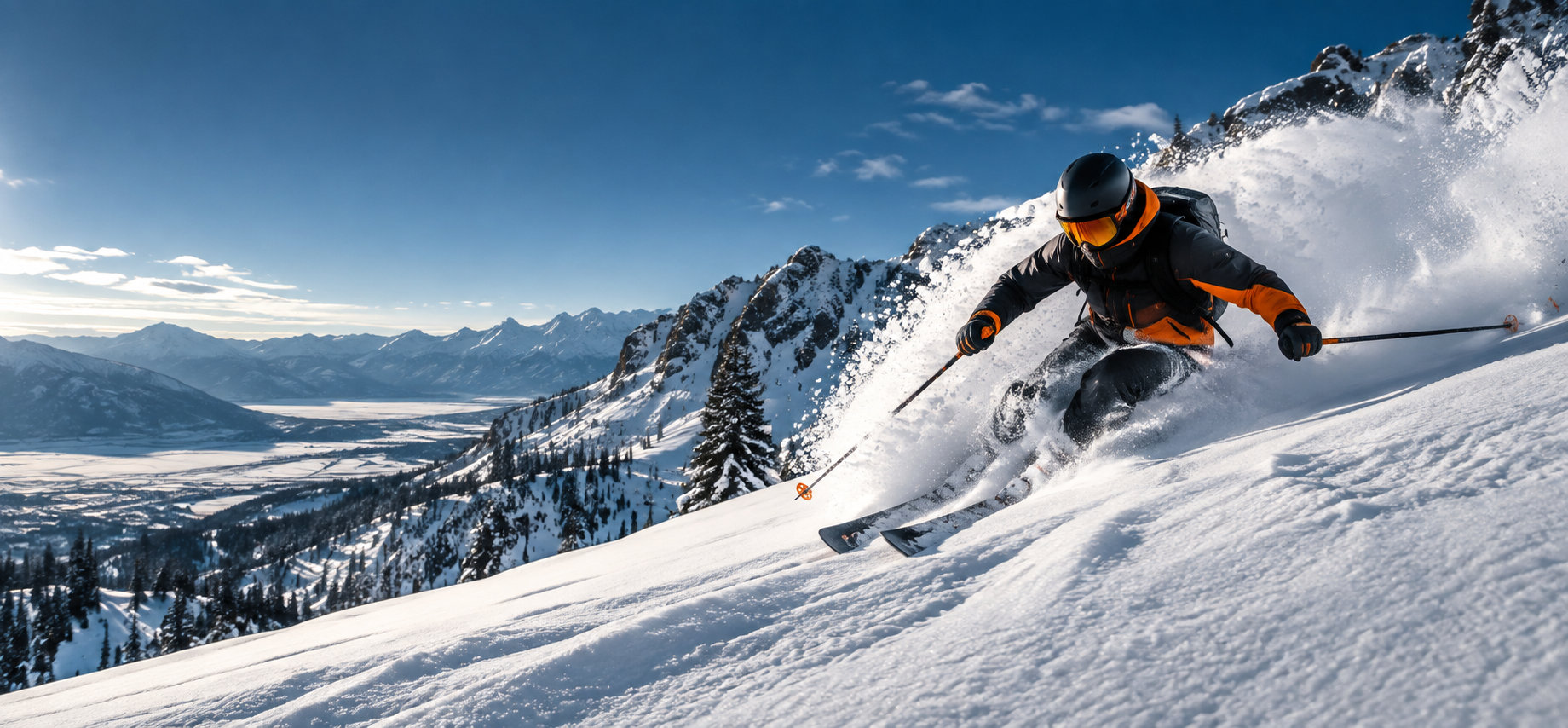 Skier carving through fresh powder in the mountains